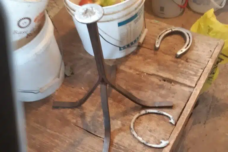 Hoof stand, fresh hoof trimmings and horseshoes after farrier work