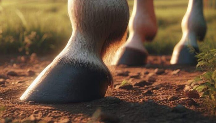 Three healthy horse hooves standing on level ground